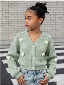 SHEIN Tween Girls Jacket Fall Clothes Back To School Fall Casual Holiday Travel Grey Long Sleeve Floral Knit Cardigan - Green - View 2
