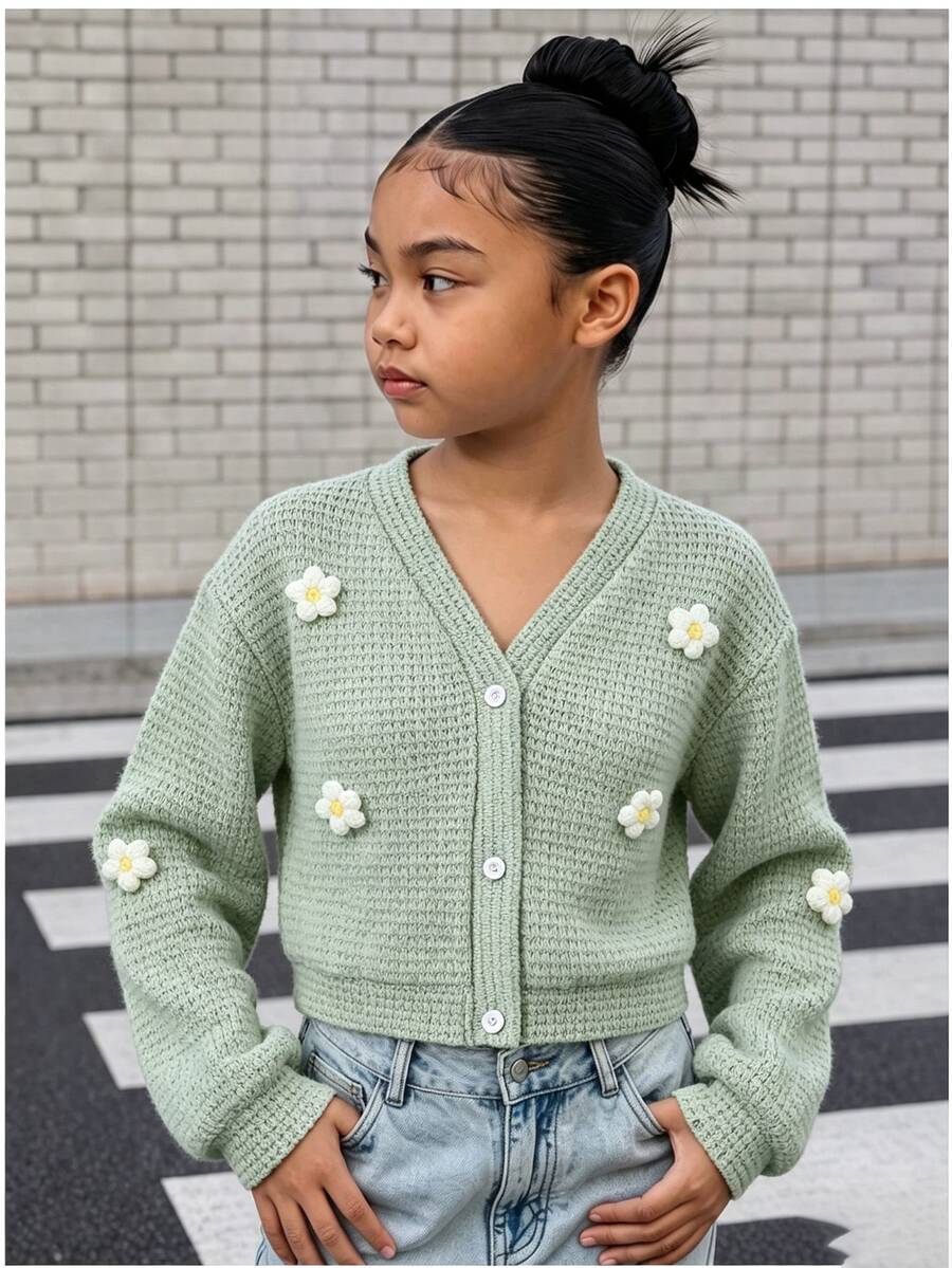 SHEIN Tween Girls Jacket Fall Clothes Back To School Fall Casual Holiday Travel Grey Long Sleeve Floral Knit Cardigan