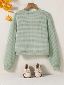 SHEIN Tween Girls Jacket Fall Clothes Back To School Fall Casual Holiday Travel Grey Long Sleeve Floral Knit Cardigan - Green - View 3