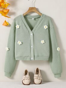 SHEIN Tween Girls Jacket Fall Clothes Back To School Fall Casual Holiday Travel Grey Long Sleeve Floral Knit Cardigan - Green - View 9