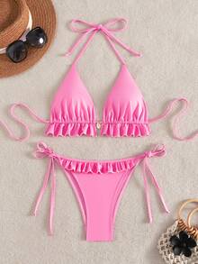 Swim Mod Swim Suits For Women Women's Summer Beach Solid Color Ruffle Trim Halter Neck Tie Two Pieces Bikini Set - Pink - View 4
