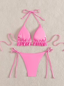 Swim Mod Swim Suits For Women Women's Summer Beach Solid Color Ruffle Trim Halter Neck Tie Two Pieces Bikini Set - Pink - View 3