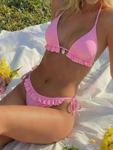 Swim Mod Swim Suits For Women Women's Summer Beach Solid Color Ruffle Trim Halter Neck Tie Two Pieces Bikini Set - Pink - View 5