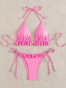 Swim Mod Swim Suits For Women Women's Summer Beach Solid Color Ruffle Trim Halter Neck Tie Two Pieces Bikini Set - Pink - View 7
