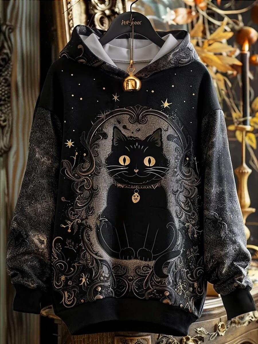 SHEIN Women's Black Long-Sleeve Hooded Sweatshirta New Arrival For The Halloween And Autumn/Winter Season. - Multicolor - View 1