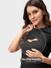 SHEIN Maternity Solid Nursing Tee World Cup - Black - View 7