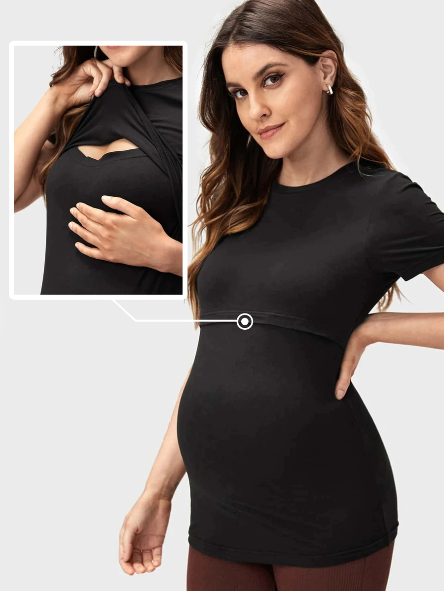 SHEIN Maternity Solid Nursing Tee World Cup - Black - View 1