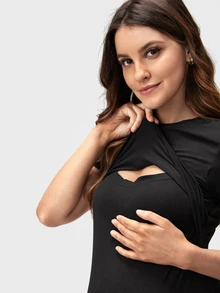 SHEIN Maternity Solid Nursing Tee World Cup - Black - View 6
