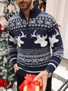 Manfinity Homme 男士秋冬聖誕元素長袖高領針織毛衣 半開胸四分之一拉鍊套頭衫 - 藍色 - 查看 3