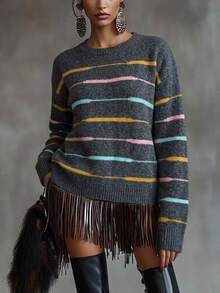 SHEIN Sweater Pullover Longgar Lengan Panjang Kasual Serbaguna Leher Bulat Bergaris Warna Blok untuk Wanita, Cocok untuk Dipakai di Musim Gugur/Musim Dingin. - Grey - View 2