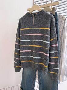 SHEIN Sweater Pullover Longgar Lengan Panjang Kasual Serbaguna Leher Bulat Bergaris Warna Blok untuk Wanita, Cocok untuk Dipakai di Musim Gugur/Musim Dingin. - Grey - View 6