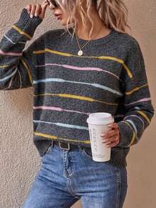 SHEIN Sweater Pullover Longgar Lengan Panjang Kasual Serbaguna Leher Bulat Bergaris Warna Blok untuk Wanita, Cocok untuk Dipakai di Musim Gugur/Musim Dingin. - Grey - View 5