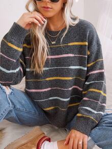 SHEIN Sweater Pullover Longgar Lengan Panjang Kasual Serbaguna Leher Bulat Bergaris Warna Blok untuk Wanita, Cocok untuk Dipakai di Musim Gugur/Musim Dingin. - Grey - View 4