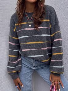 SHEIN Sweater Pullover Longgar Lengan Panjang Kasual Serbaguna Leher Bulat Bergaris Warna Blok untuk Wanita, Cocok untuk Dipakai di Musim Gugur/Musim Dingin. - Grey - View 3