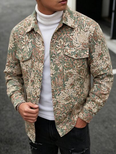 Manfinity CasualCool Erkek Dokuma Jakarlı Kumaş Yama Cep Tasarımlı, Yaka Yakalı Regular Günlük Casual Olgun Çok Yönlü Ceket