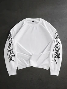 PAVTROS Men Letter Graphic Drop Shoulder Sweatshirt Holiday Beach Holiday White And Black Autumn Streetwear - White - View 1