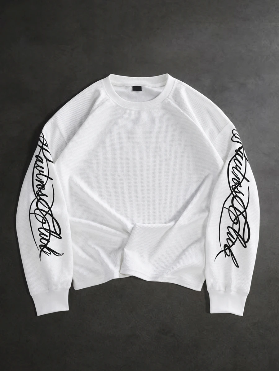 PAVTROS Men Letter Graphic Drop Shoulder Sweatshirt Holiday Beach Holiday White And Black Autumn Streetwear - White - View 1