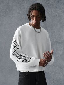 PAVTROS Men Letter Graphic Drop Shoulder Sweatshirt Holiday Beach Holiday White And Black Autumn Streetwear - White - View 6