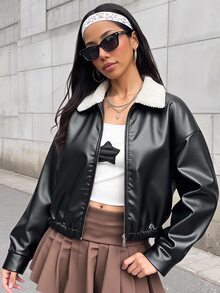 SHEIN Teen Girl Borg Collar Drop Shoulder PU Winter Jacket - Black - View 9