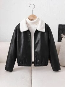 SHEIN Teen Girl Borg Collar Drop Shoulder PU Winter Jacket - Black - View 7