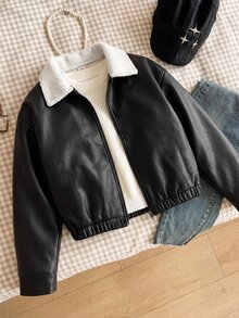 SHEIN Teen Girl Borg Collar Drop Shoulder PU Winter Jacket - Black - View 8