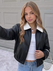 SHEIN Teen Girl Borg Collar Drop Shoulder PU Winter Jacket - Black - View 14