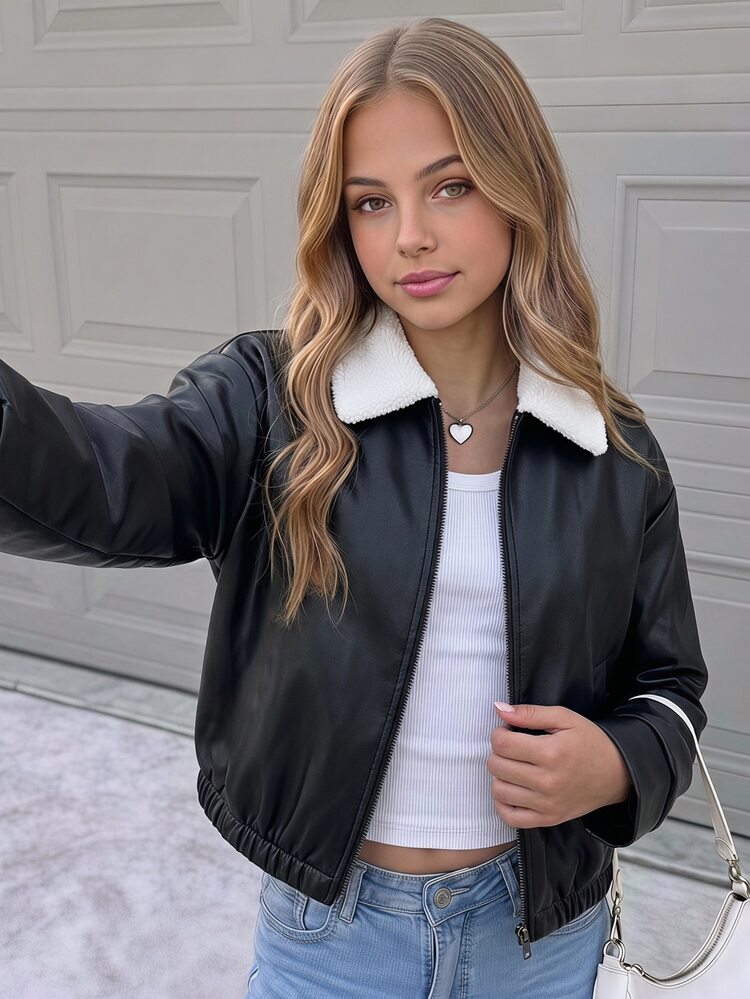SHEIN Teen Girl Borg Collar Drop Shoulder PU Winter Jacket - Black - View 14