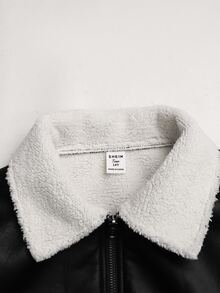 SHEIN Teen Girl Borg Collar Drop Shoulder PU Winter Jacket - Black - View 4