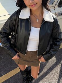 SHEIN Teen Girl Borg Collar Drop Shoulder PU Winter Jacket - Black - View 10