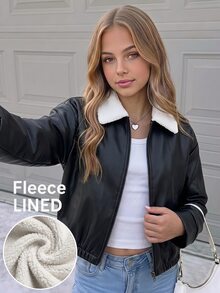 SHEIN Teen Girl Borg Collar Drop Shoulder PU Winter Jacket - Black - View 12