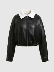 SHEIN Teen Girl Borg Collar Drop Shoulder PU Winter Jacket - Black - View 2