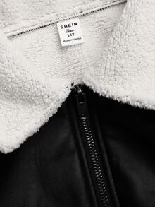 SHEIN Teen Girl Borg Collar Drop Shoulder PU Winter Jacket - Black - View 5