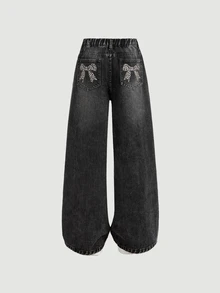Celana Jeans Denim Hitam Longgar Motif Leopard dan Pita Gaya Y2K untuk Remaja Perempuan, Cocok untuk Ke Sekolah - Hitam - View 4