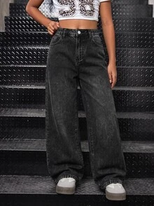 Celana Jeans Denim Hitam Longgar Motif Leopard dan Pita Gaya Y2K untuk Remaja Perempuan, Cocok untuk Ke Sekolah - Hitam - View 3