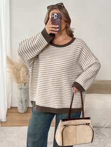 SHEIN CURVE+ Plus Size Women's Striped Round Neck Drop Shoulder Long Sleeve Casual Pullover Sweater - Multicolor - View 3