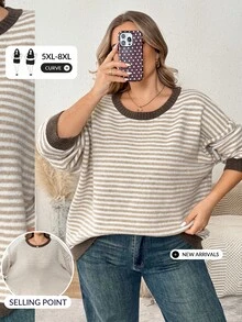 SHEIN CURVE+ Plus Size Women's Striped Round Neck Drop Shoulder Long Sleeve Casual Pullover Sweater - Multicolor - View 6