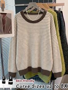 SHEIN CURVE+ Plus Size Women's Striped Round Neck Drop Shoulder Long Sleeve Casual Pullover Sweater - Multicolor - View 7