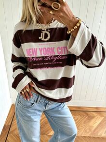 SHEIN LUNE Women's Autumn/Winter Basic Striped Colorblock Patchwork Round Neck Long Sleeve Blouse Suitable For Back To School, Travel, Street Style And Casual Occasions - Multicolor - View 8