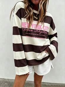 SHEIN LUNE Women's Autumn/Winter Basic Striped Colorblock Patchwork Round Neck Long Sleeve Blouse Suitable For Back To School, Travel, Street Style And Casual Occasions - Multicolor - View 7