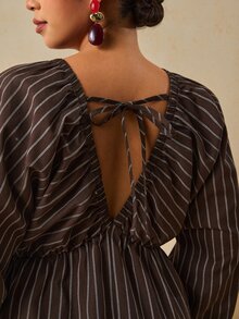 Travachic Plus Size Women's Vacation Woven Printed Long Sleeve V-Neck Mini Dress Autumn Formal Vacation Brown Boho Casual - Brown - View 7