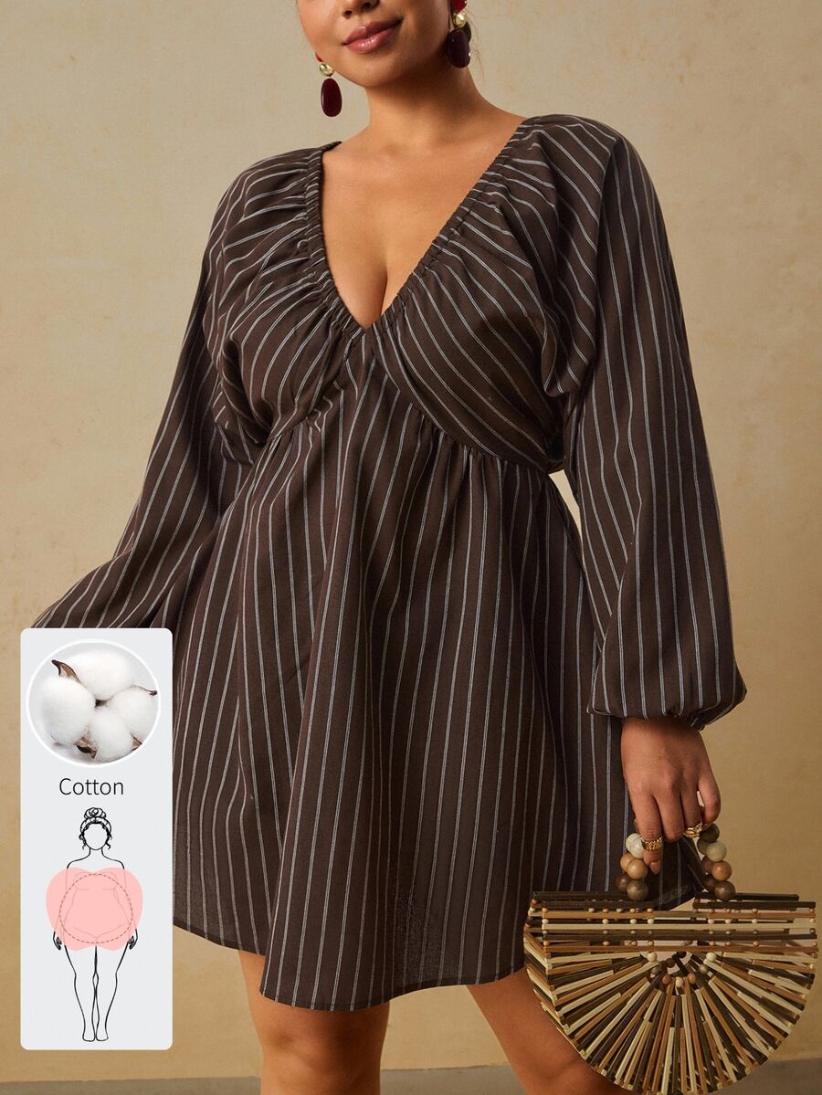 Travachic Plus Size Women's Vacation Woven Printed Long Sleeve V-Neck Mini Dress Autumn Formal Vacation Brown Boho Casual - Brown - View 1