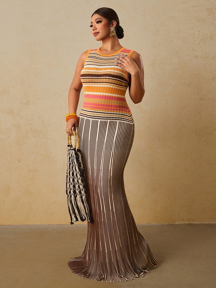 Travachic Plus Size Women's Burnt Orange Round Neck Sleeveless Fitted Knit Dress Autumn Formal Wedding Guest Vacation Casual 80s 90s - Multicolor - View 4