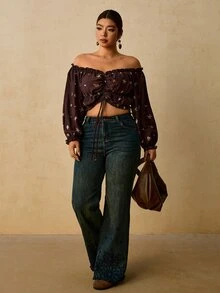 Travachic Plus Size Women's Cold Shoulder Pleated Starfish Shell Print Casual Boho Tropical Everyday Beach Vacation Date Night Formal Blouse Autumn Oil Spill - Brown - View 5