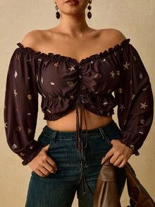 Travachic Plus Size Women's Cold Shoulder Pleated Starfish Shell Print Casual Boho Tropical Everyday Beach Vacation Date Night Formal Blouse Autumn Oil Spill - Brown - View 4