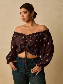 Travachic Plus Size Women's Cold Shoulder Pleated Starfish Shell Print Casual Boho Tropical Everyday Beach Vacation Date Night Formal Blouse Autumn Oil Spill - Brown - View 3