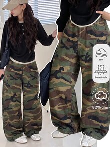 SHEIN Tween Girl Y2k Fashion Stretch Elastic Waistband Design Camouflage Loose And Comfortable Jeans - Army Green - View 4