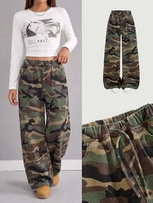 SHEIN Tween Girl Y2k Fashion Stretch Elastic Waistband Design Camouflage Loose And Comfortable Jeans - Army Green - View 1