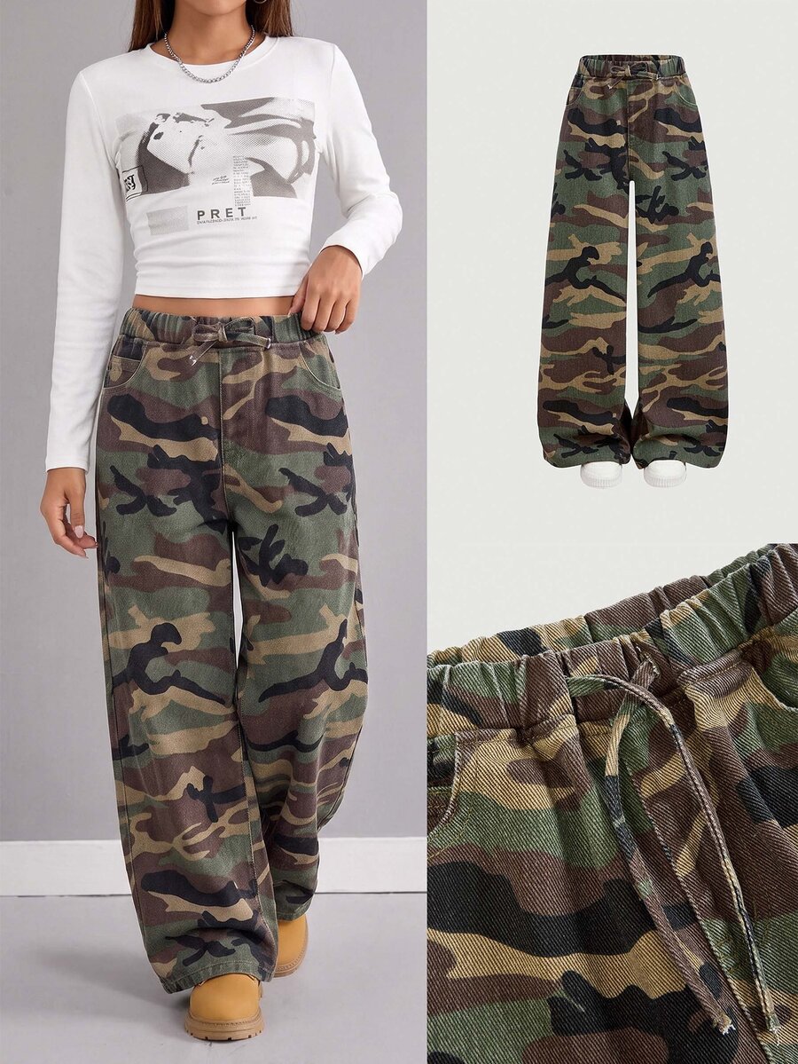 SHEIN Tween Girl Y2k Fashion Stretch Elastic Waistband Design Camouflage Loose And Comfortable Jeans - Army Green - View 1