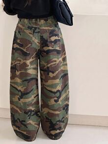 SHEIN Tween Girl Y2k Fashion Stretch Elastic Waistband Design Camouflage Loose And Comfortable Jeans - Army Green - View 2