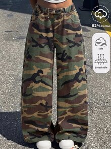 SHEIN Tween Girl Y2k Fashion Stretch Elastic Waistband Design Camouflage Loose And Comfortable Jeans - Army Green - View 5